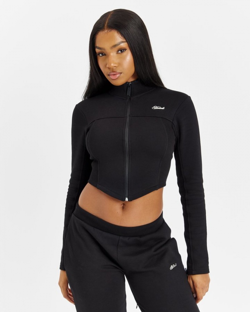 Black/Silver Hoodrich Form Fitted Zip-Through Tops | 6507-PIWTK